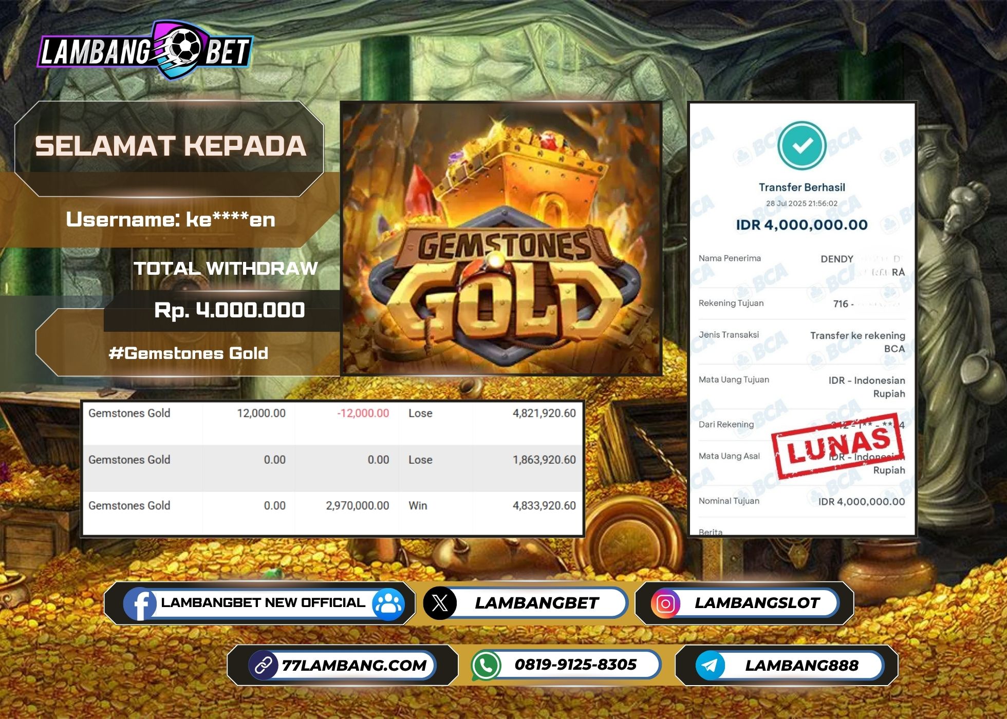 LAMBANGBET [28 JULY 2025] JACKPOT SLOT Gemstones Gold "Rp4.000.000" LUNAS